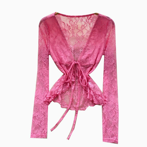 V-neck Embroidery Crochet Mesh Top