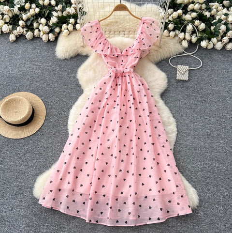 Heart Pattern Printed Ruffled Dress