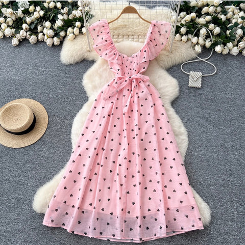 Heart Pattern Printed Ruffled Dress