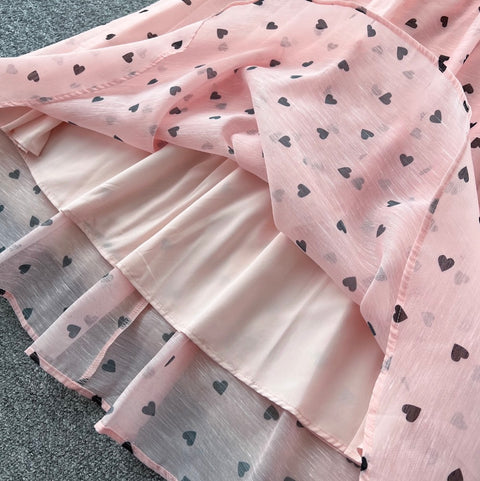 Heart Pattern Printed Ruffled Dress