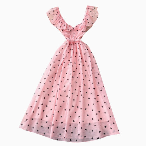 Heart Pattern Printed Ruffled Dress