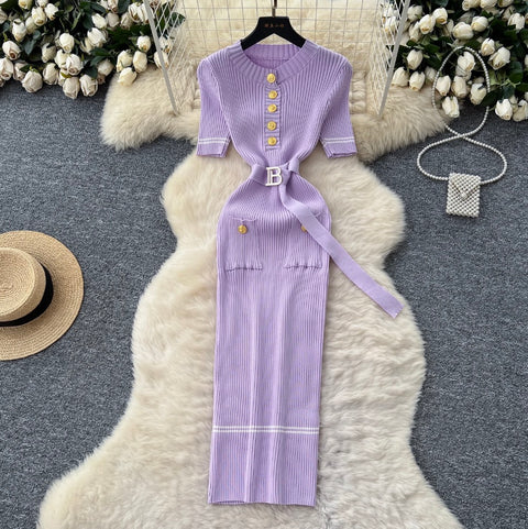 Premium Slim-fit Metal Button Knitted Dress