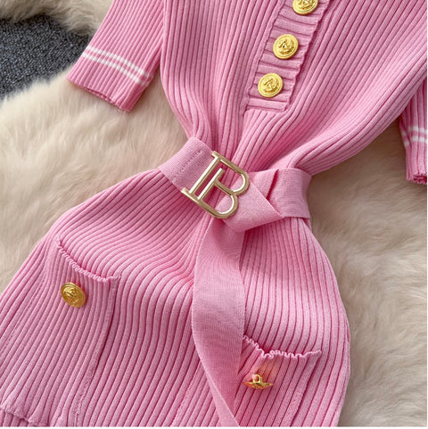 Premium Slim-fit Metal Button Knitted Dress