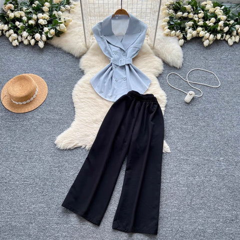 V-neck Suit Vest & Black Trousers 2Pcs