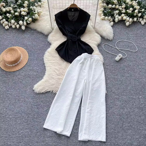 V-neck Suit Vest & Black Trousers 2Pcs