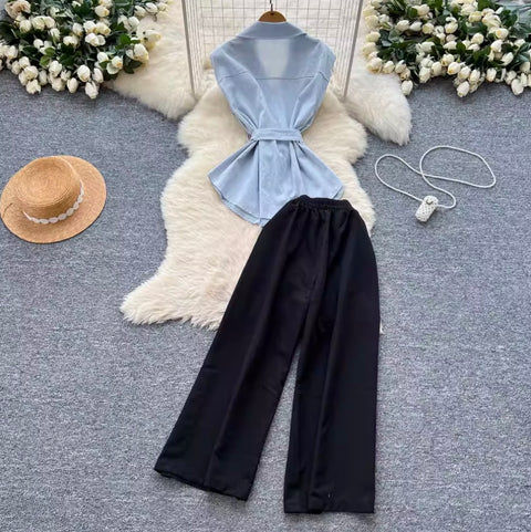 V-neck Suit Vest & Black Trousers 2Pcs