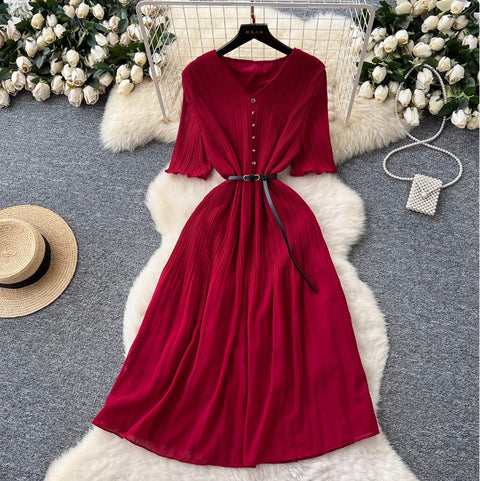 V-neck Pleated Dress with Belt