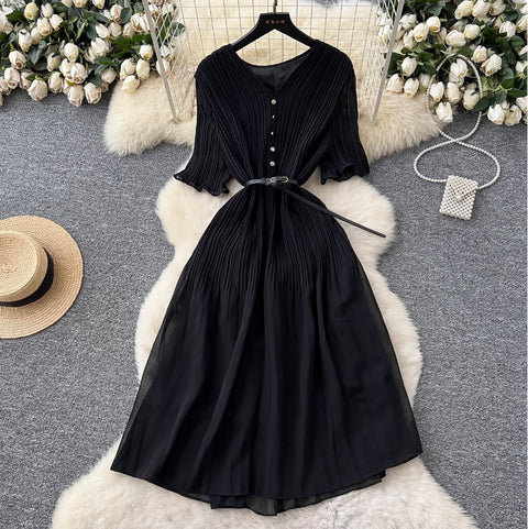 V-neck Pleated Dress with Belt