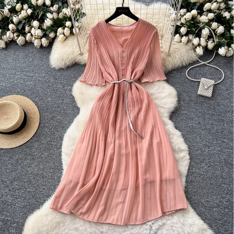 V-neck Pleated Dress with Belt