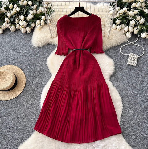 V-neck Pleated Dress with Belt