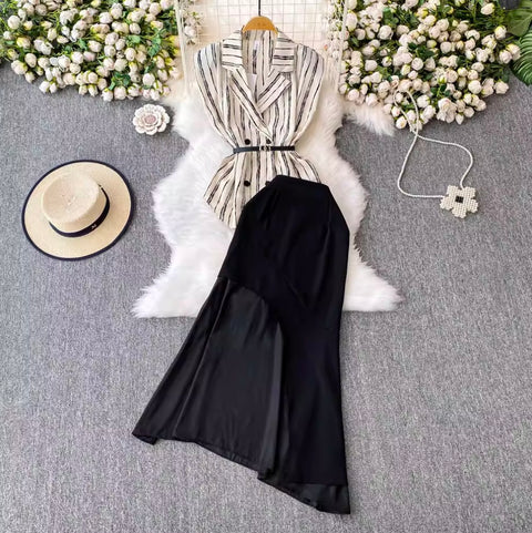 Striped Sleeveless Shirt & Half-body Skirt 2Pcs