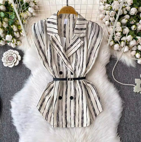 Striped Sleeveless Shirt & Half-body Skirt 2Pcs