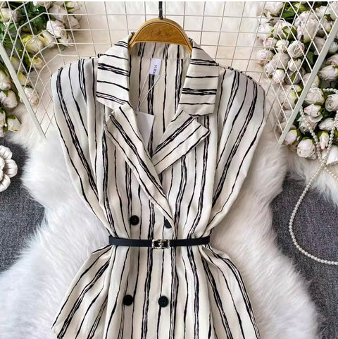 Striped Sleeveless Shirt & Half-body Skirt 2Pcs