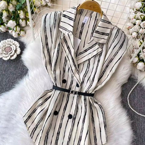 Striped Sleeveless Shirt & Half-body Skirt 2Pcs