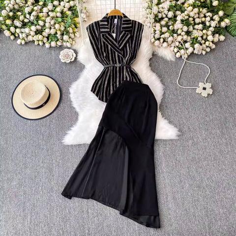 Striped Sleeveless Shirt & Half-body Skirt 2Pcs