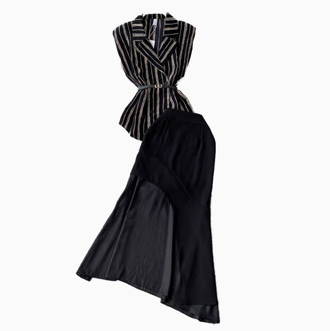 Striped Sleeveless Shirt & Half-body Skirt 2Pcs
