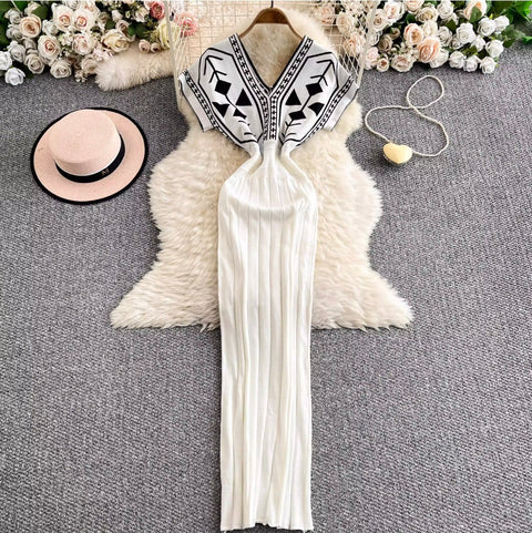 Premium V-neck Printed Knitted Dress