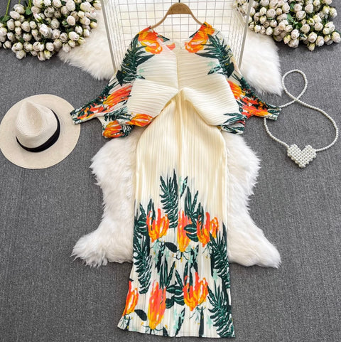 Bat Sleeve Pleated Printed Dress