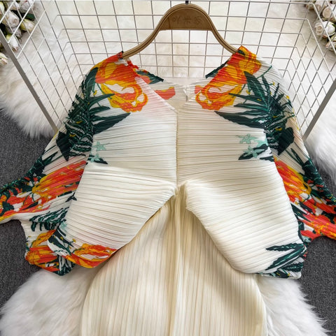 Bat Sleeve Pleated Printed Dress