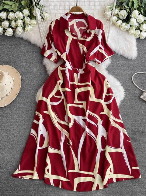 V-neck Printed Chiffon Shirt Dress