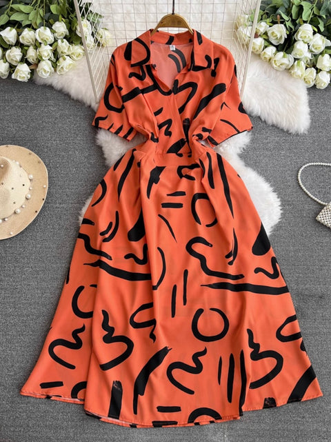 V-neck Printed Chiffon Shirt Dress