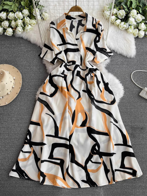 V-neck Printed Chiffon Shirt Dress