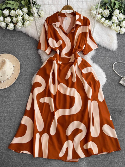 V-neck Printed Chiffon Shirt Dress