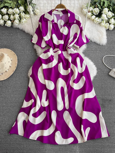 V-neck Printed Chiffon Shirt Dress