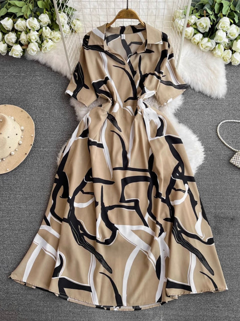 V-neck Printed Chiffon Shirt Dress