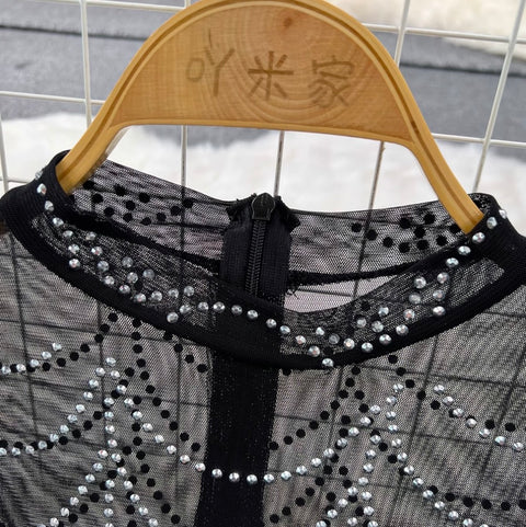 Stand Collar Rhinestone Black Mesh Dress