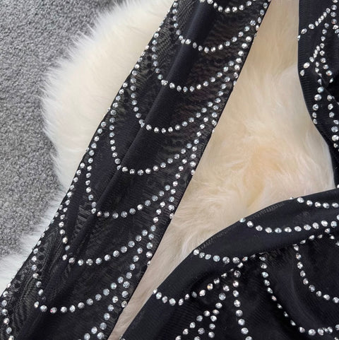 Stand Collar Rhinestone Black Mesh Dress