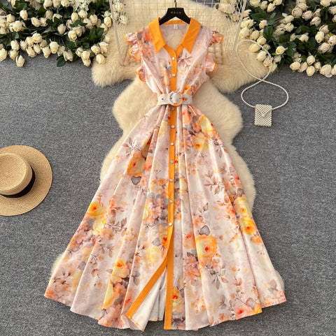 Elegant Lapeled Ruffled Print Dress