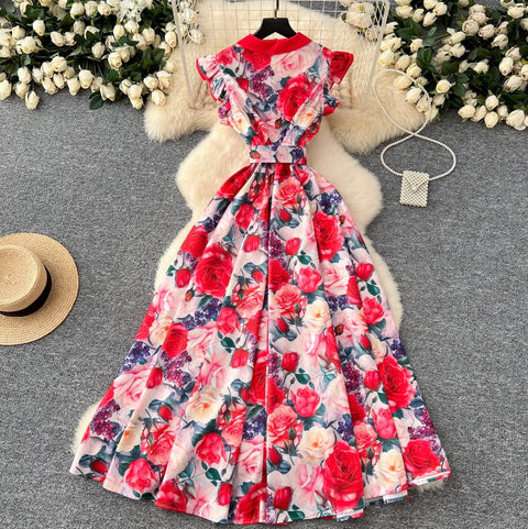 Elegant Lapeled Ruffled Print Dress