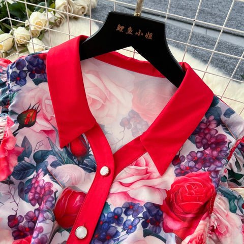 Elegant Lapeled Ruffled Print Dress