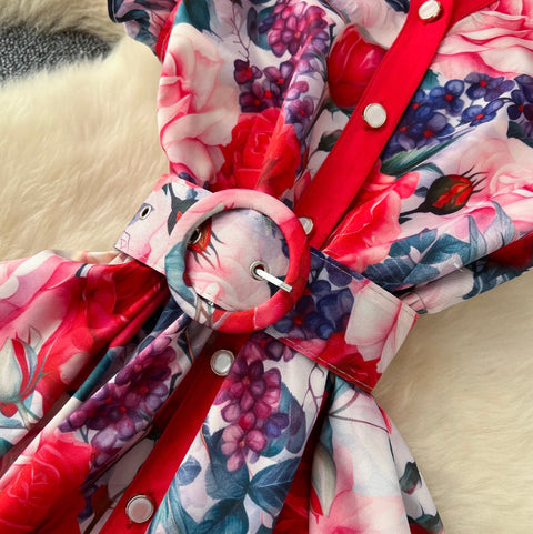 Elegant Lapeled Ruffled Print Dress