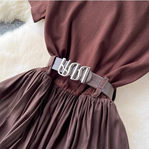 Crew Neck Draped Dress with Belt