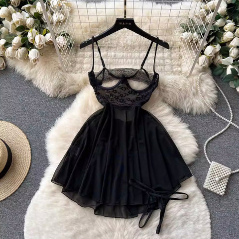 Sexy Black Lace Patchwork Slip Dress