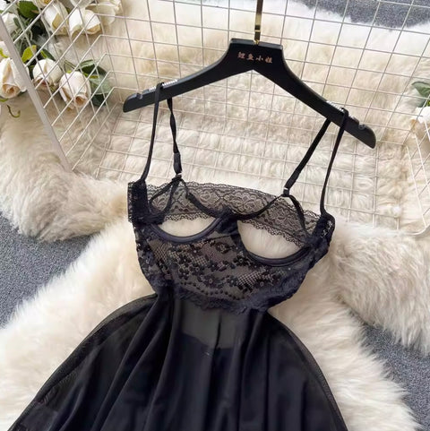 Sexy Black Lace Patchwork Slip Dress