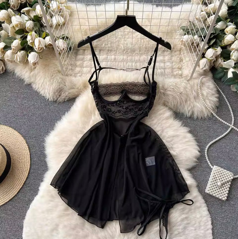 Sexy Black Lace Patchwork Slip Dress