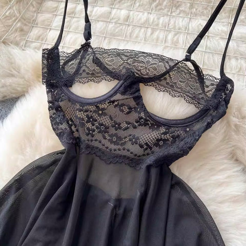 Sexy Black Lace Patchwork Slip Dress