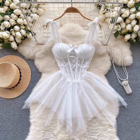 Lace Patchwork Puffy Mesh Slip Dress