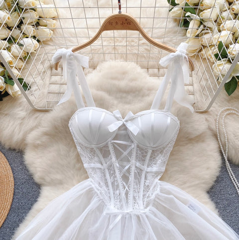 Lace Patchwork Puffy Mesh Slip Dress