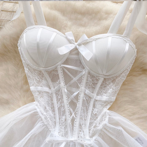 Lace Patchwork Puffy Mesh Slip Dress