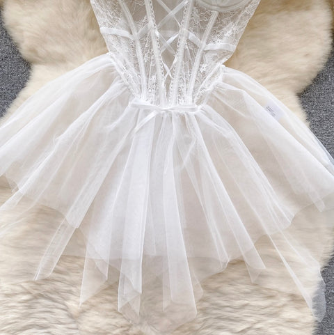 Lace Patchwork Puffy Mesh Slip Dress