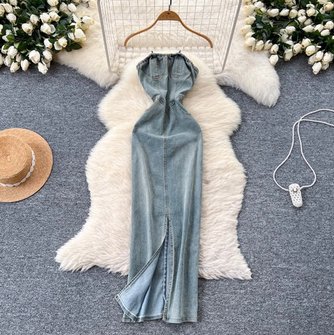 Chic Denim Split Bustier Dress