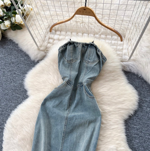 Chic Denim Split Bustier Dress