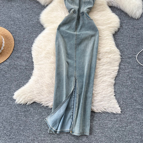 Chic Denim Split Bustier Dress
