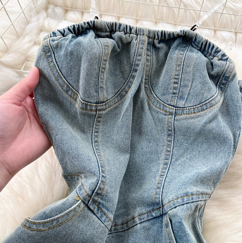 Chic Denim Split Bustier Dress