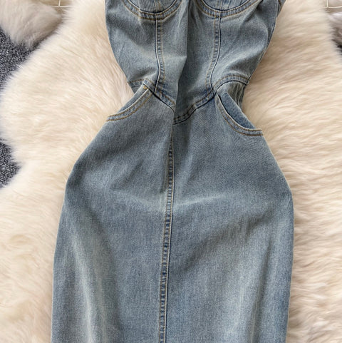 Chic Denim Split Bustier Dress