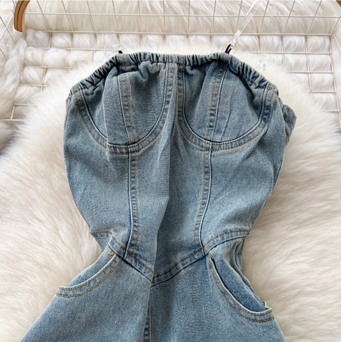 Chic Denim Split Bustier Dress